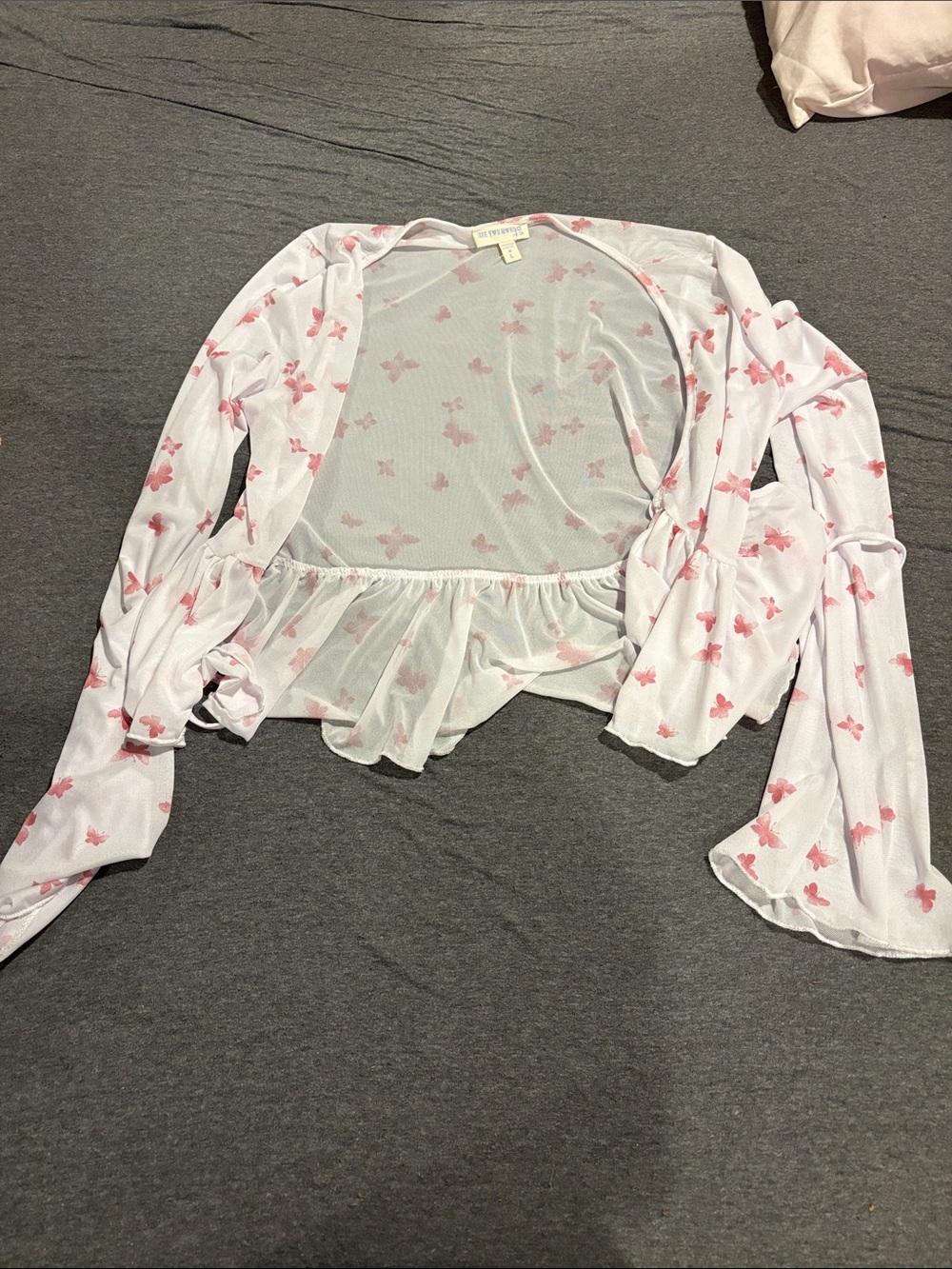 See You Monday White Sheer Butterfly Tie-Front Robe with Pink Print